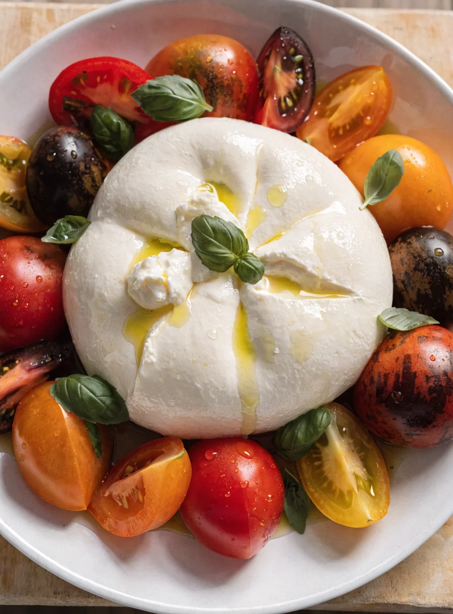 Fresh burrata with heirloom tomatoes and basil