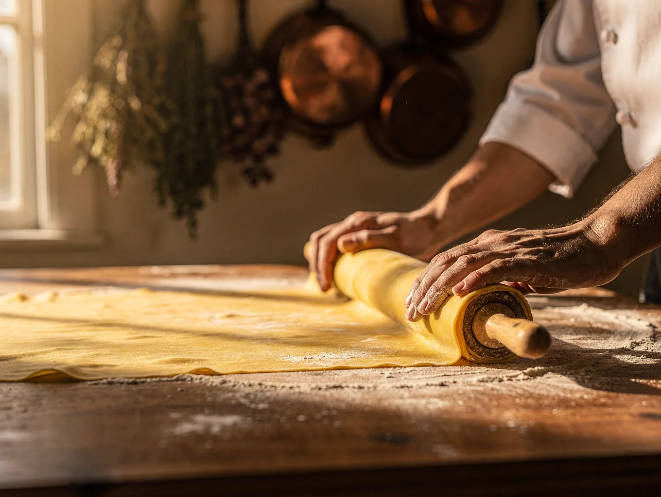 Chef hand-rolling fresh pasta in our open kitchen