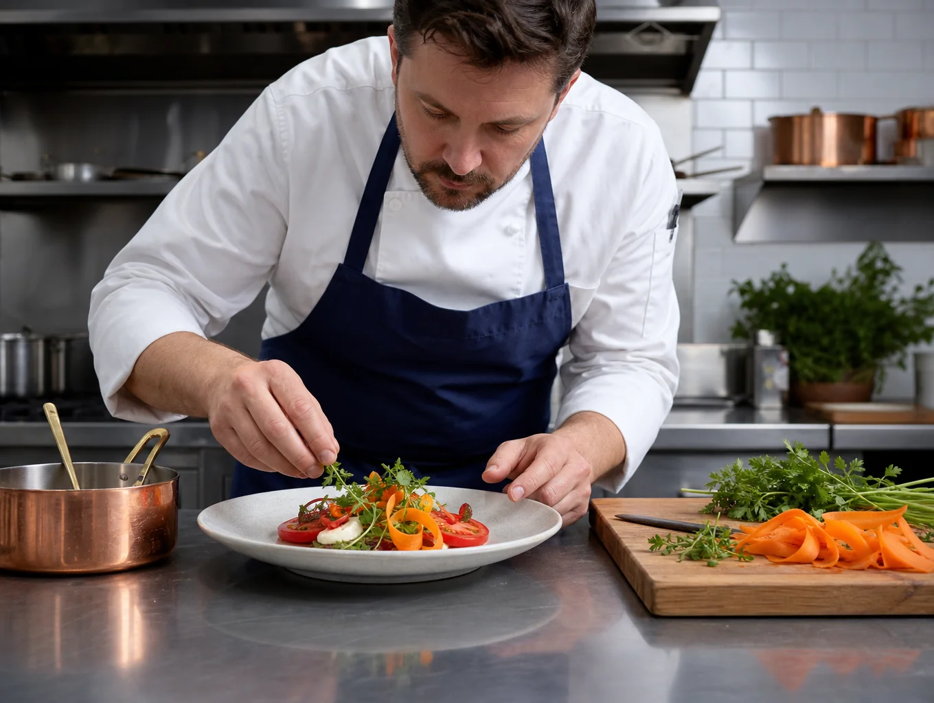 Chef plating a dish in the kitchen