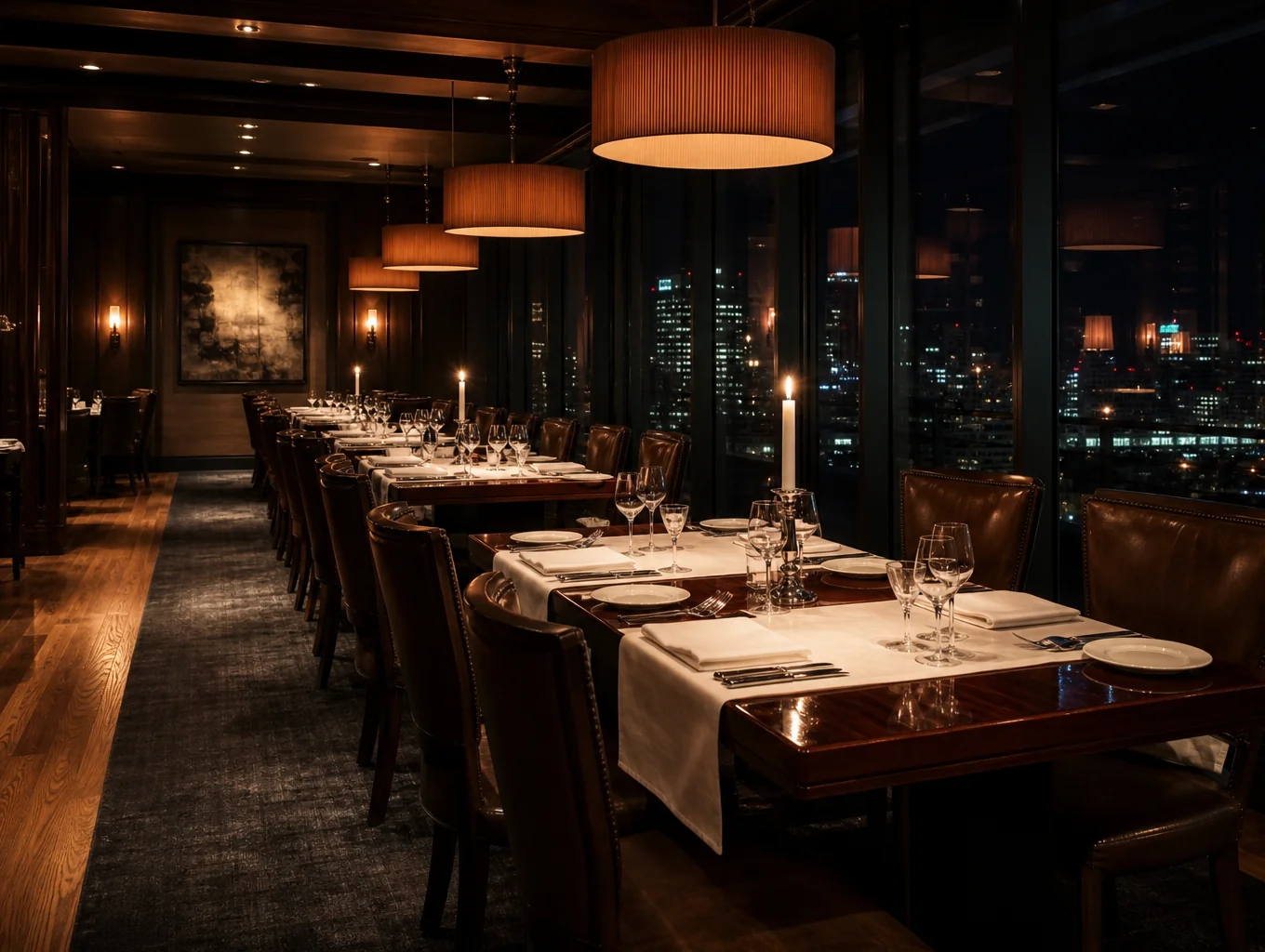 Elegant dining room with warm lighting and wooden tables