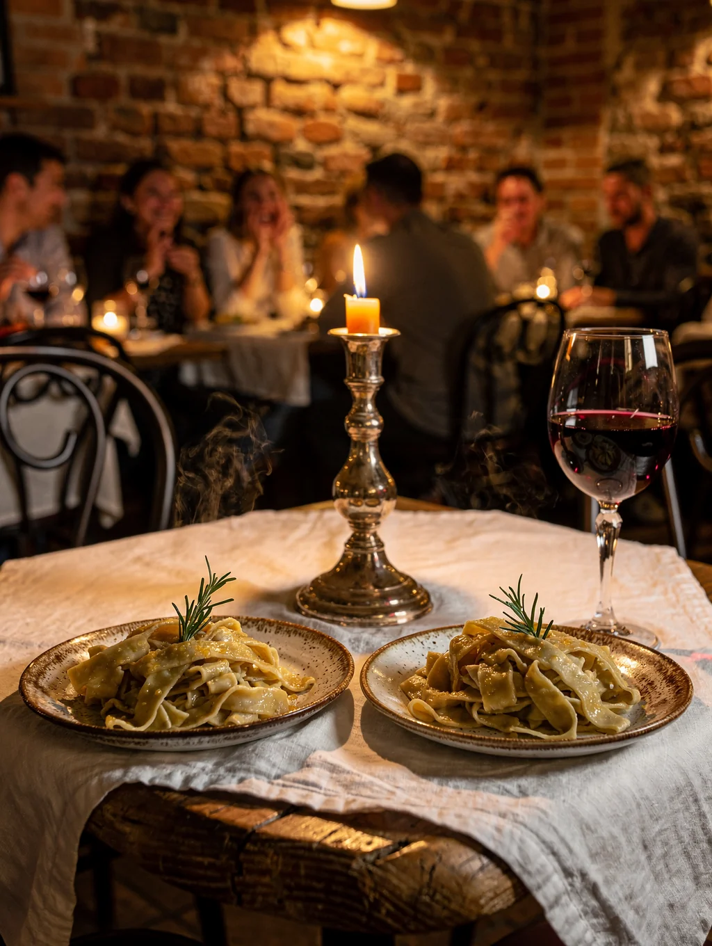 Candlelit table setting at ALDENTE with fine wine and fresh pasta