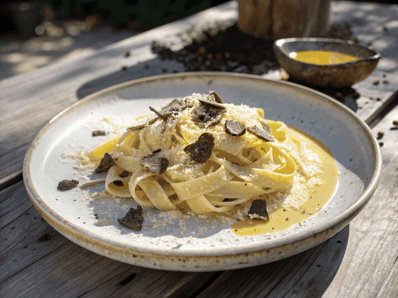 Freshly prepared handmade tagliatelle with truffle shavings