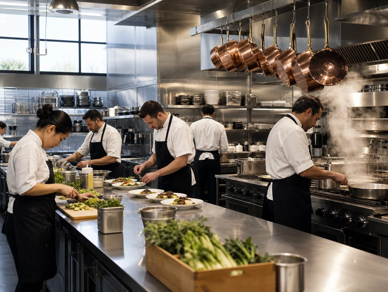 Chefs working in the open kitchen at Aldente