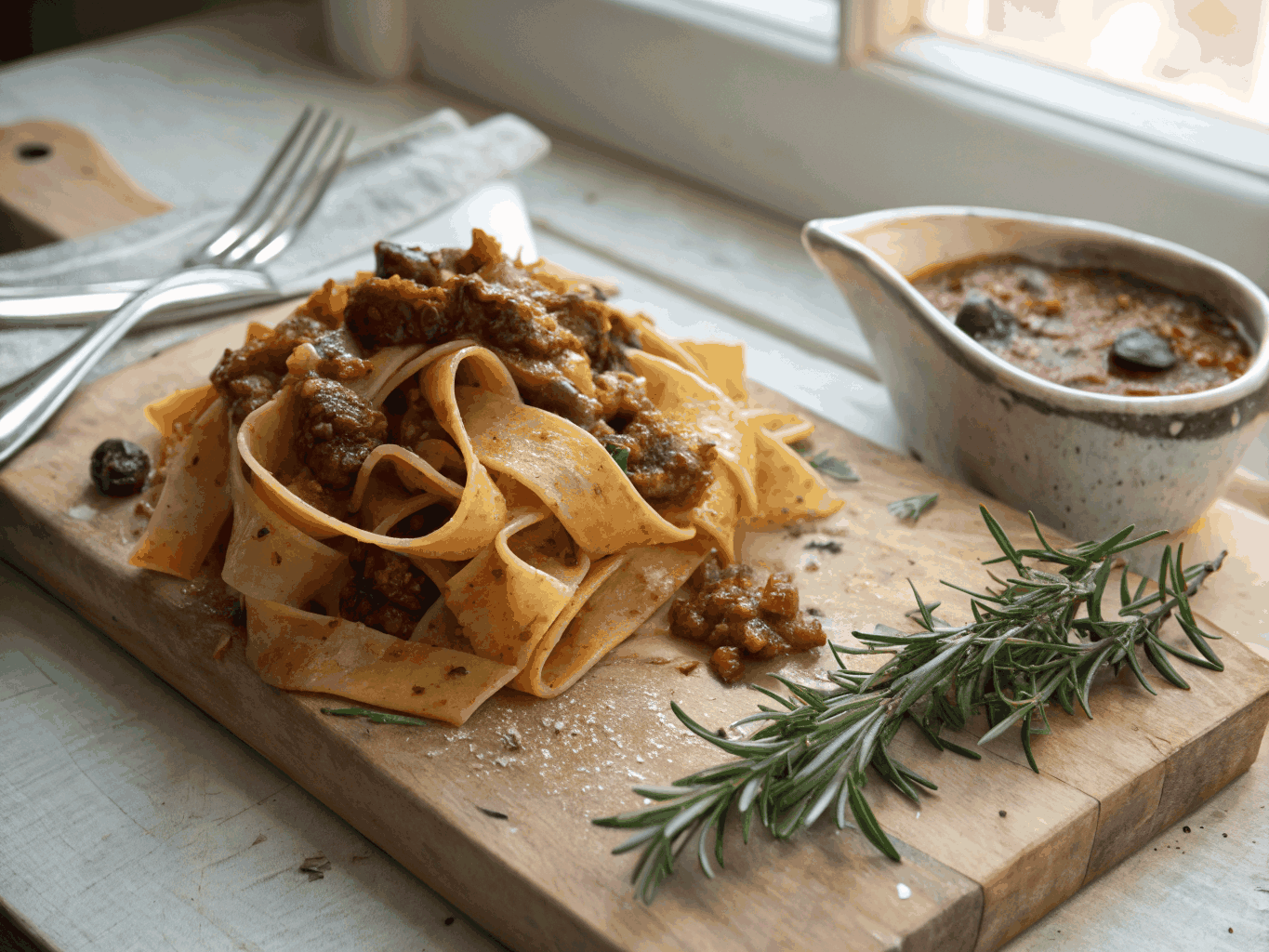 Fresh hand-cut pappardelle pasta with rich wild boar ragu