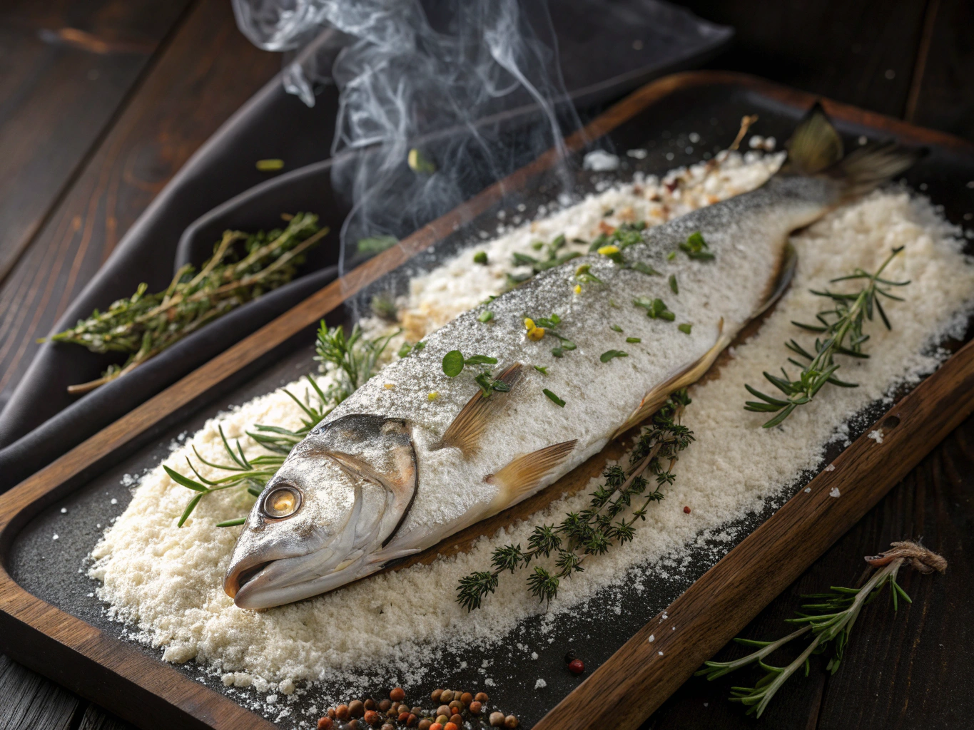 Wild sea bass baked in parchment with lemon and capers