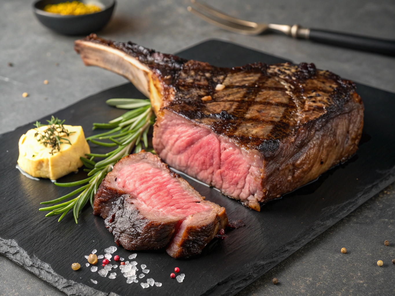 Oak-grilled prime bone-in ribeye steak with roasted garlic